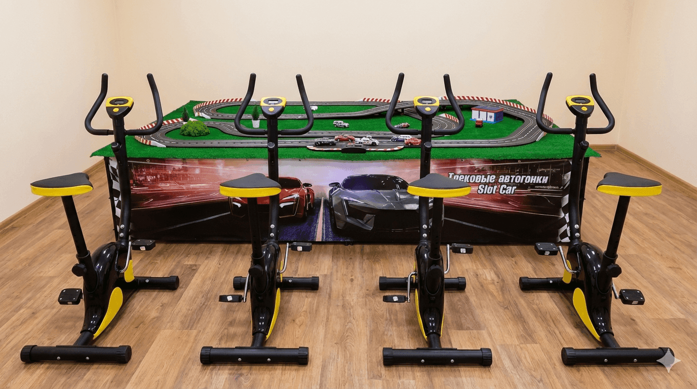 Гонки на велотренажёрах: четыре велотренажёра управляют машинками slot-car на гоночном треке