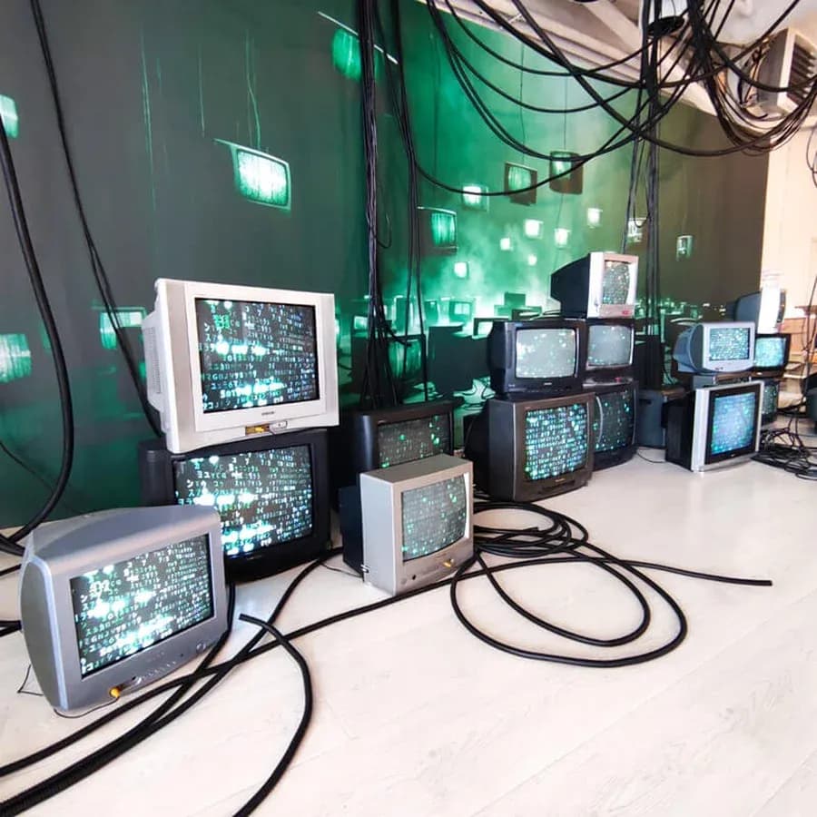 Фотозона из телевизоров: ретро-телевизоры и кабели в арт-зоне мероприятия