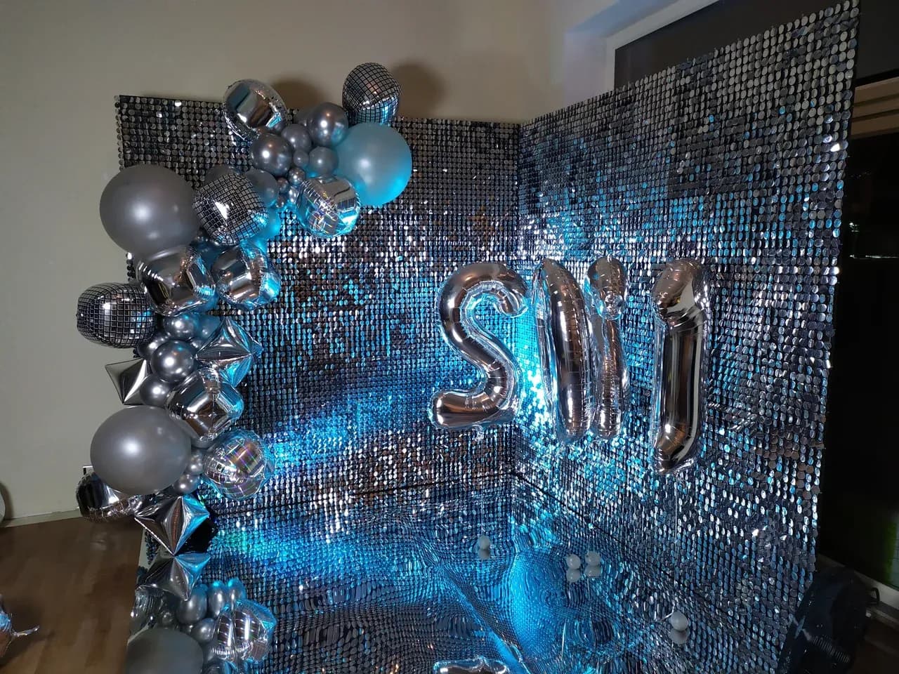 Стена с пайетками и стилизованные шары