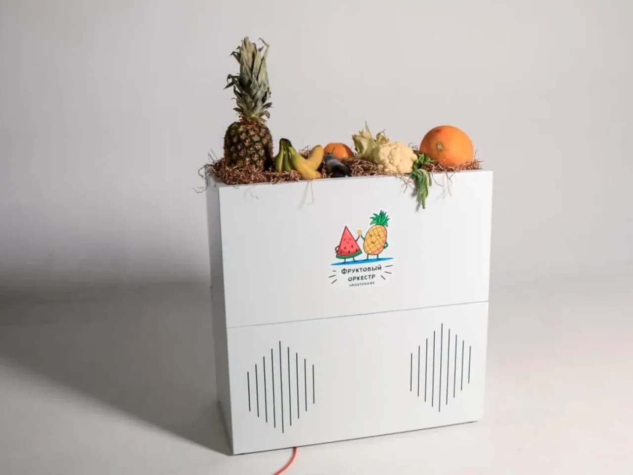 Фруктовый оркестр в аренду: стол с фруктами и оборудованием для музыкального интерактива