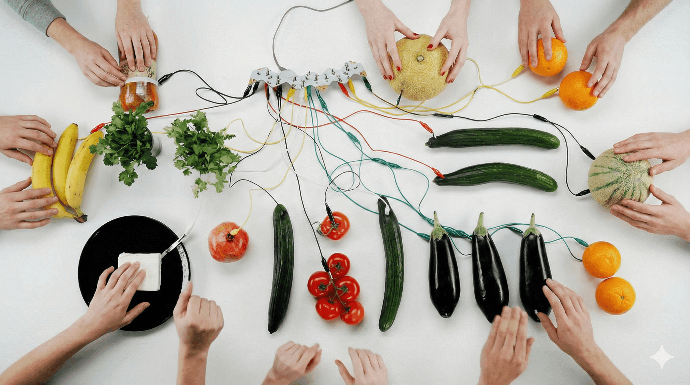 Музыкальный интерактив - оркестр с фруктами и овощами. Вид сверху.