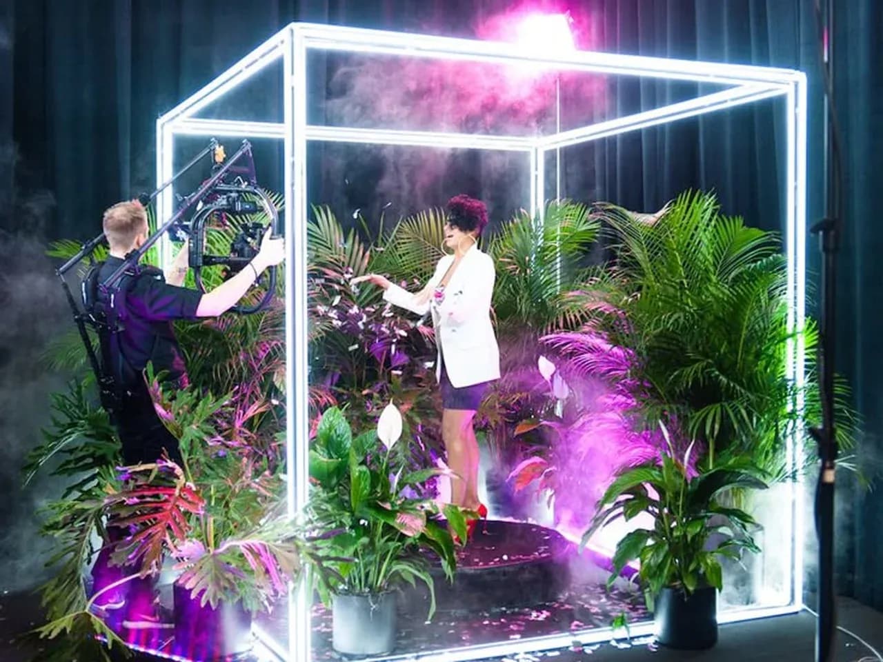 Фотозона неоновый куб с растениями внутри