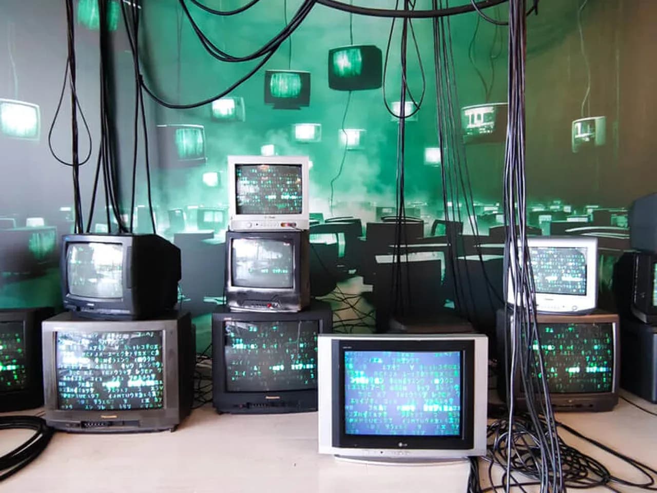 Фотозона из телевизоров: квадратный ракурс ретро-инсталляции с экранами