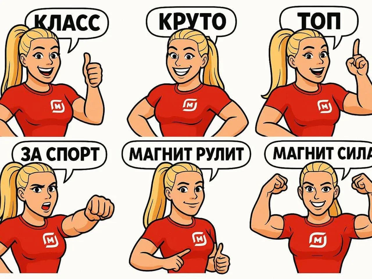 Пример брендированных стикеров для мессенджера: набор реакций с персонажем